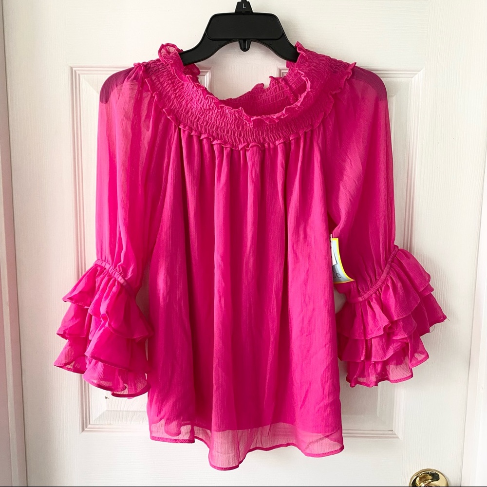 CeCe Pink Ruffle Off-the-Shoulder Top | M